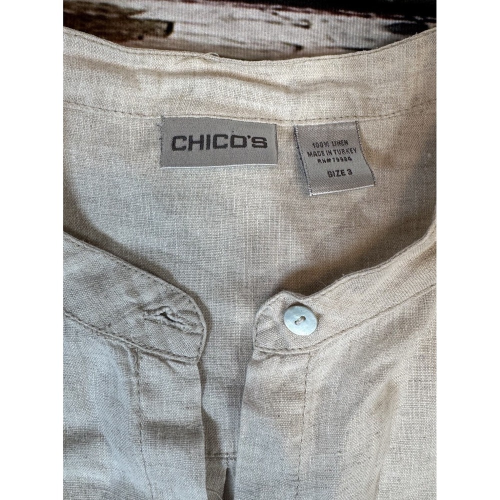 Chico's Linen‎ Shirt 3 XL Beige Tunic Button Down Lagenlook Boyfriend Coastal - Picture 2 of 4